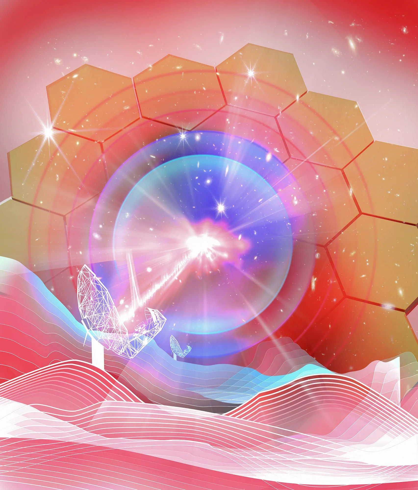 An illustration of a series of colorful hexagons in front of a pink background