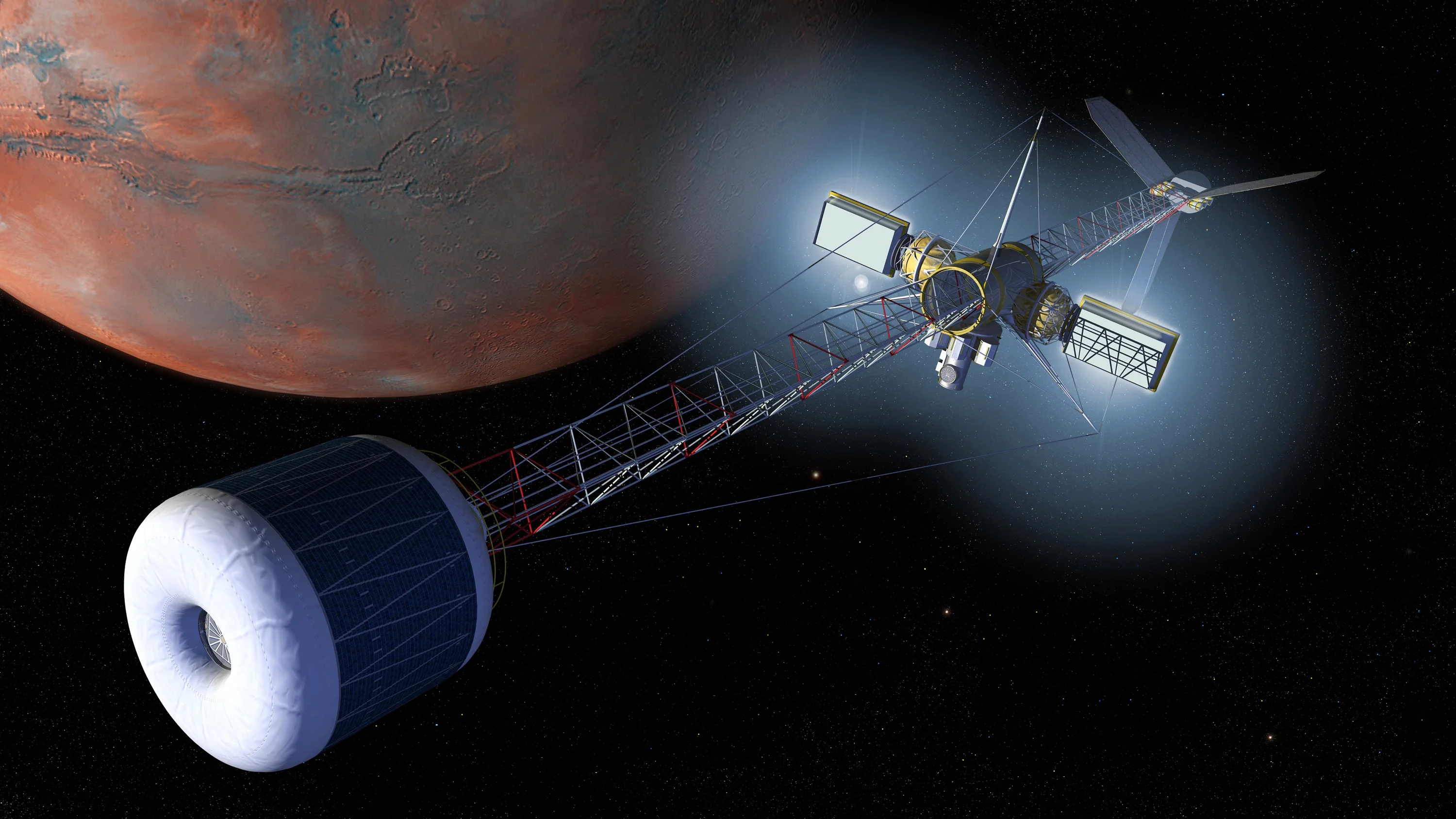 A spacecraft with a large, toroidal habitat module connected by an artificial gravity cable to a truss structure in orbit near Mars.