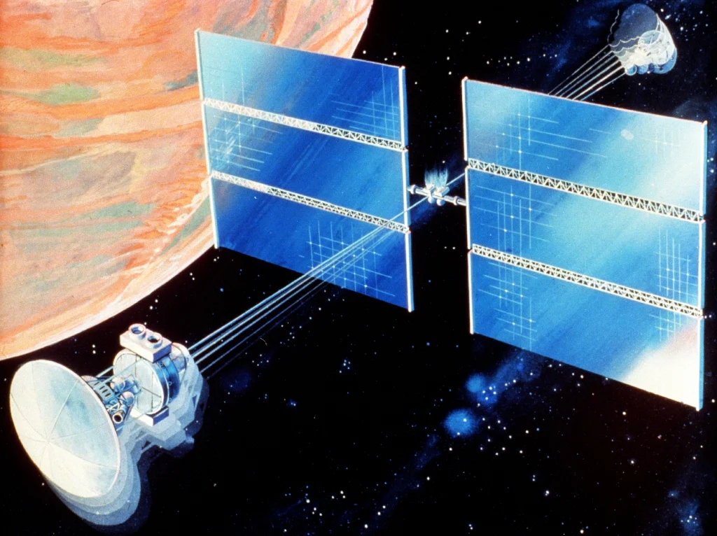 Illustration of a satellite with large solar panels, an artificial gravity cable, and a communication dish orbiting a planet.